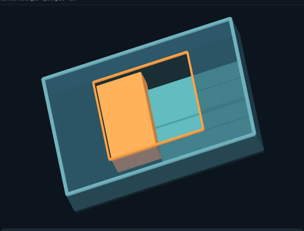 Screenshot of QUZZLE: a blue 3D box, orange opening, and blocks arranged inside