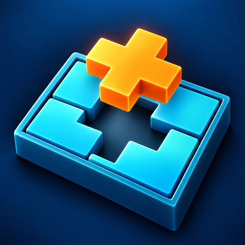 Glossy blue cross puzzle tray with a floating orange cross piece
