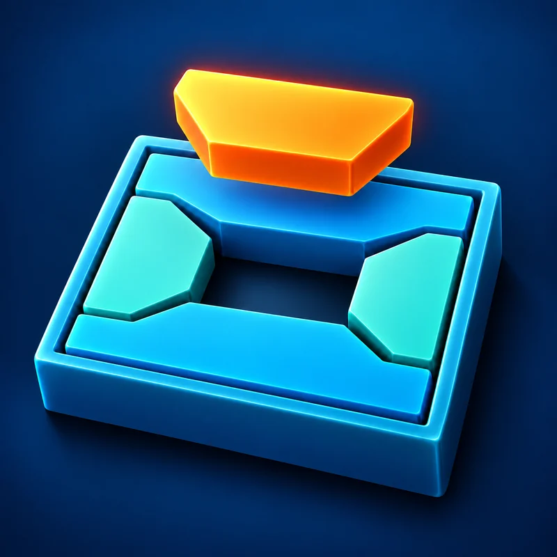 Three-dimensional blue wide-waist puzzle tray with an orange block hovering above